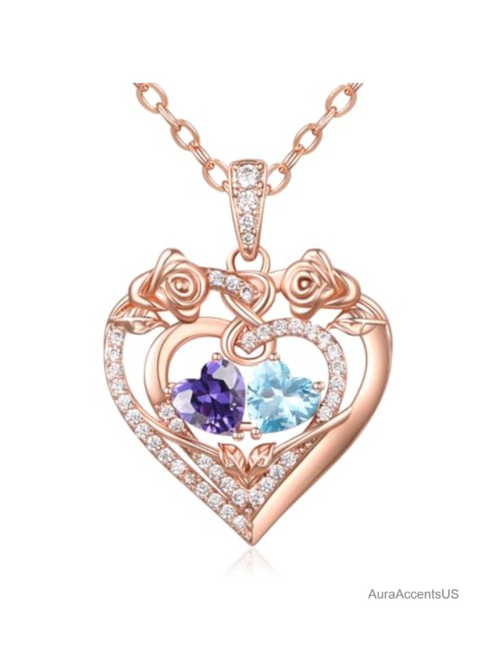 14K Rose Gold Double Heart Birthstone Pendant Necklace Gift